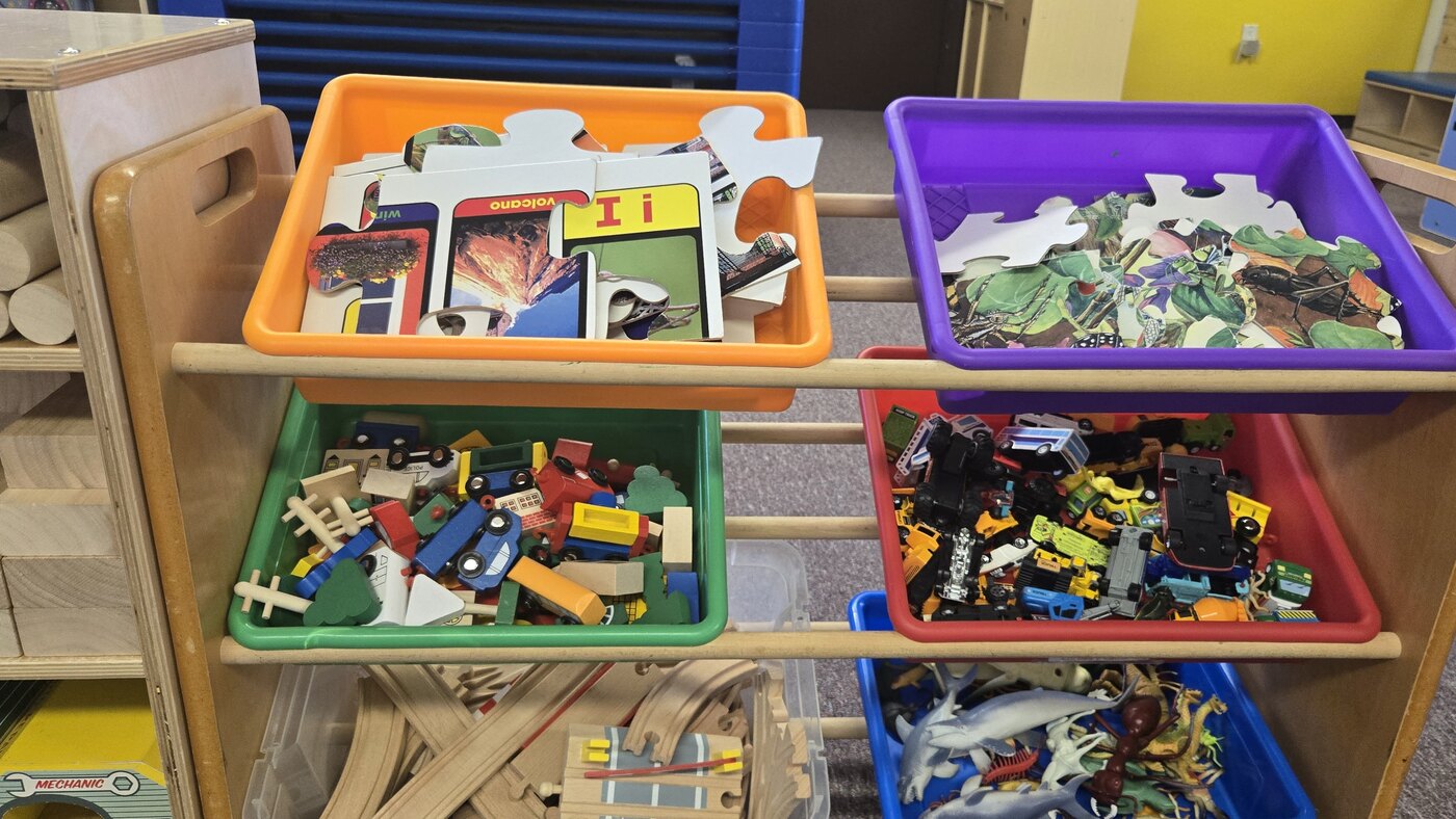 Colour-sorted bins of puzzles, blocks, vehicles and animals on an open Apple Valley shelf